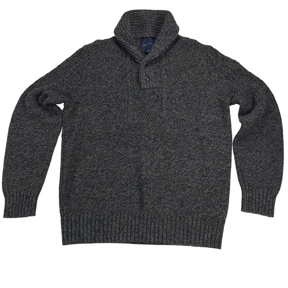 American Eagle Heathered Gray Shawl Collar Sweater Cable Knit Accents Size L